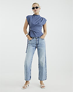 Blue Belted Wrap Drape Top