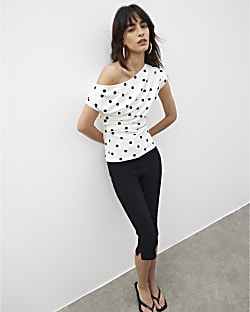 Cream Polka Dot Drape Scuba Top