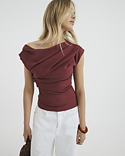 Brown Short Sleeve Drape Scuba Top