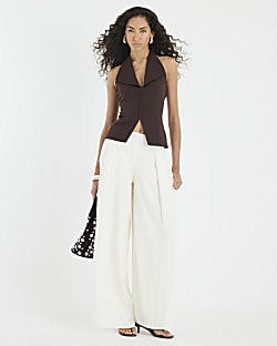 Brown Sleeveless Halter Neck Waistcoat