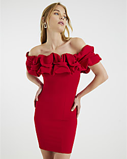 Red Short Sleeve Ruffle Mini Bardot Dress