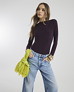 Purple Long Sleeve Gathered Neck Bodysuit