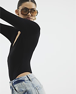 Black Long Sleeve V Neck Bodysuit