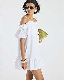 White Ruffle Bardot Mini Dress