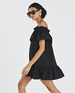 Black Ruffle Bardot Mini Dress