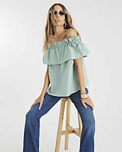 Green Ruffle Bardot Top