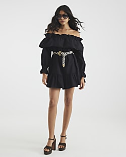 Black Bardot Frill Long Sleeve Mini Dress