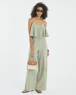 Khaki Gingham Double Layer Wide Leg Jumpsuit