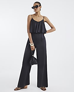 Black Satin Sleeveless Frill Jumpsuit
