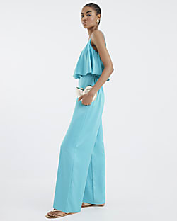 Blue Satin Sleeveless Frill Jumpsuit