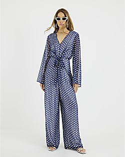 Navy Polka Dot Tie Front Jumpsuit