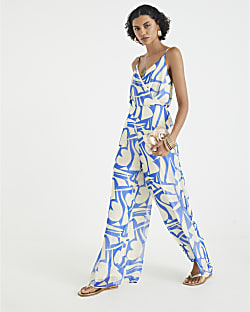 Blue Sleeveless Printed Jumpsuit