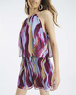 Brown Sleeveless Abstract Playsuit