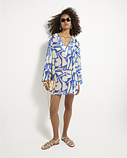 Cream Printed Long Sleeve Beach Dress