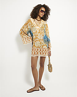 Yellow Printed Long Sleeve Beach Dress