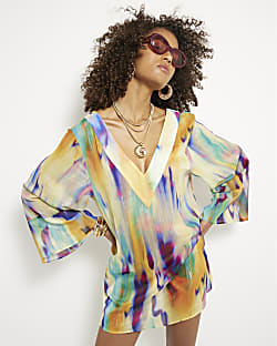 Yellow Printed Long Sleeve Beach Dress