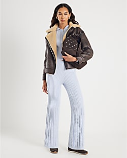 Blue Wide Leg Cable Knit Trousers
