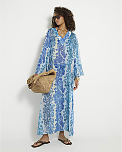 Blue Long Sleeve Paisley Maxi Tunic Dress