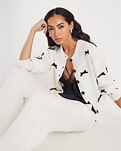 Cream Knitted Bow Detail Loungewear Set