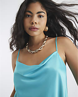Blue Satin Cowl Neck Cami Top