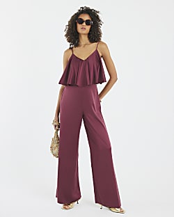 Purple Satin Sleeveless Frill Jumpsuit