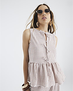 Beige Sleeveless Gingham Tie Front Top