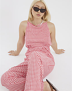 Red Sleeveless Gingham Tie Waist Tunic Top