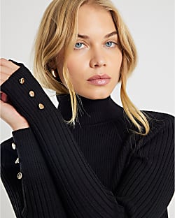 Black Knit Ribbed Roll Neck Top