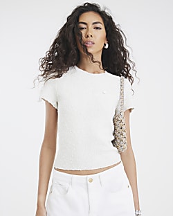 White Short Sleeve Boucle T-shirt