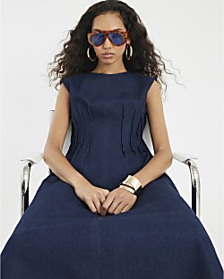 Blue Denim Pintuck Stretch Denim Midi Dress