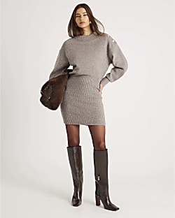 Brown Knitted Button Detail Mini Jumper Dress