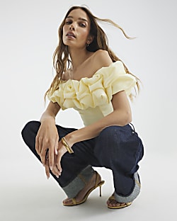 Yellow Short Sleeve Ruffle Bardot Top
