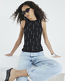 Black Sleeveless Diamante Ribbed Tank Top