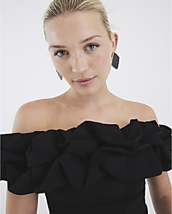 Black Short Sleeve Ruffle Bardot Top