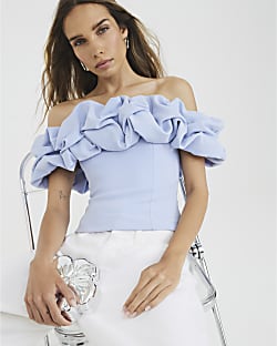 Blue Ruffle Bardot Top