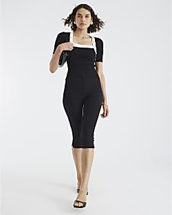 Black Knit Short Sleeve Button Detail Top