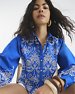 Blue Long Sleeve Cutwork Shirt