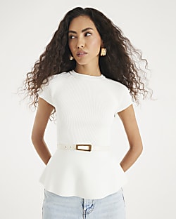 Cream Knitted Short Sleeve Belted Peplum Top