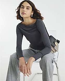Grey Long Sleeve Ruched Drape Top