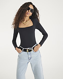 Black Long Sleeve Square Neck Bodysuit