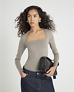 Green Long Sleeve Square Neck Bodysuit