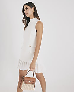 Cream Pleated Hybrid Mini Dress