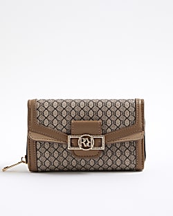 Beige Monogram Panelled Flap Purse