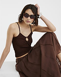 Brown Beaded Textured Cami Top