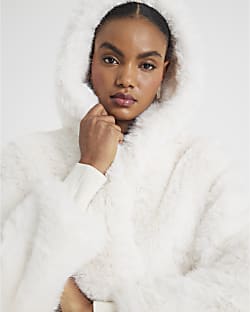 Cream Faux Fur Hooded Long Sleeve Coat