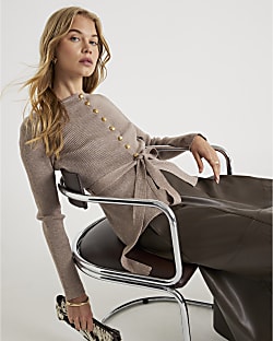 Beige Knitted Tie Waist Cardigan