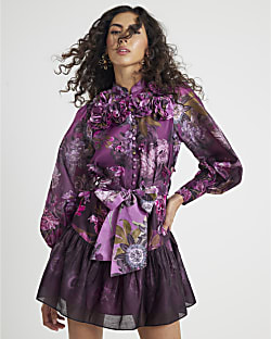 Purple 3D Floral Belted Mini Dress