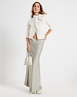 Khaki Satin Maxi Skirt
