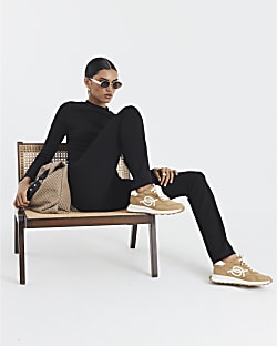 Black High Waisted Ribbed Flare Leggings