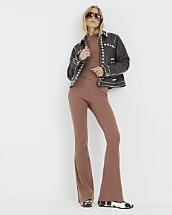 Beige High Waisted Ribbed Flare Leggings